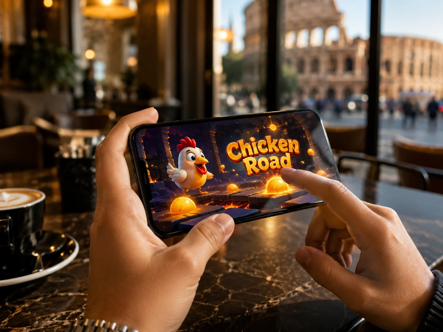 Chicken Road Italia su smartphone in un moderno ambiente italiano con atmosfera casino premium