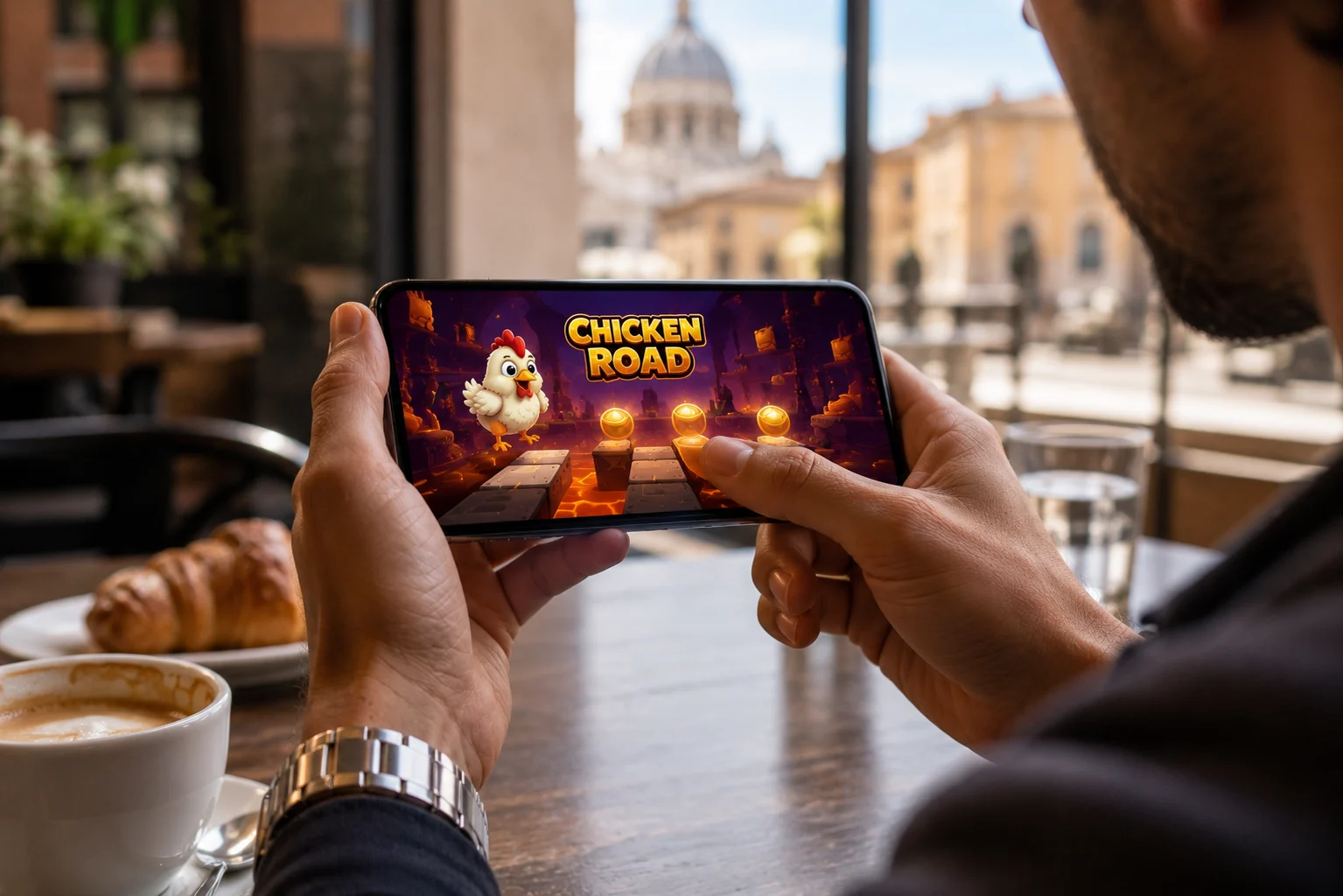 Utente italiano utilizza Chicken Road Game da smartphone in un caffè moderno